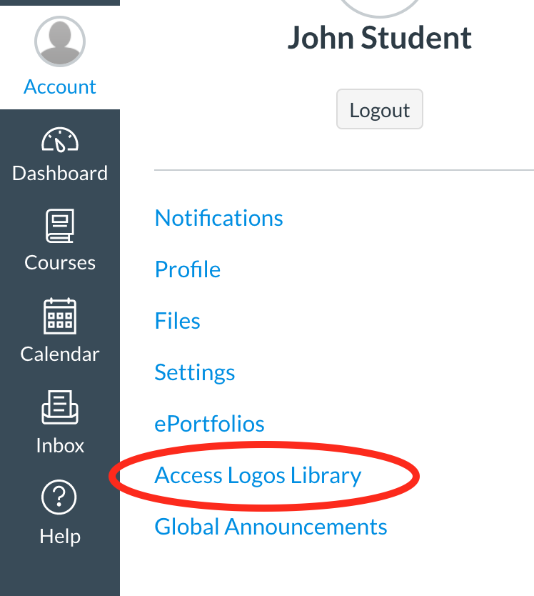 Accessing the Logos Library in the Canvas Account menu