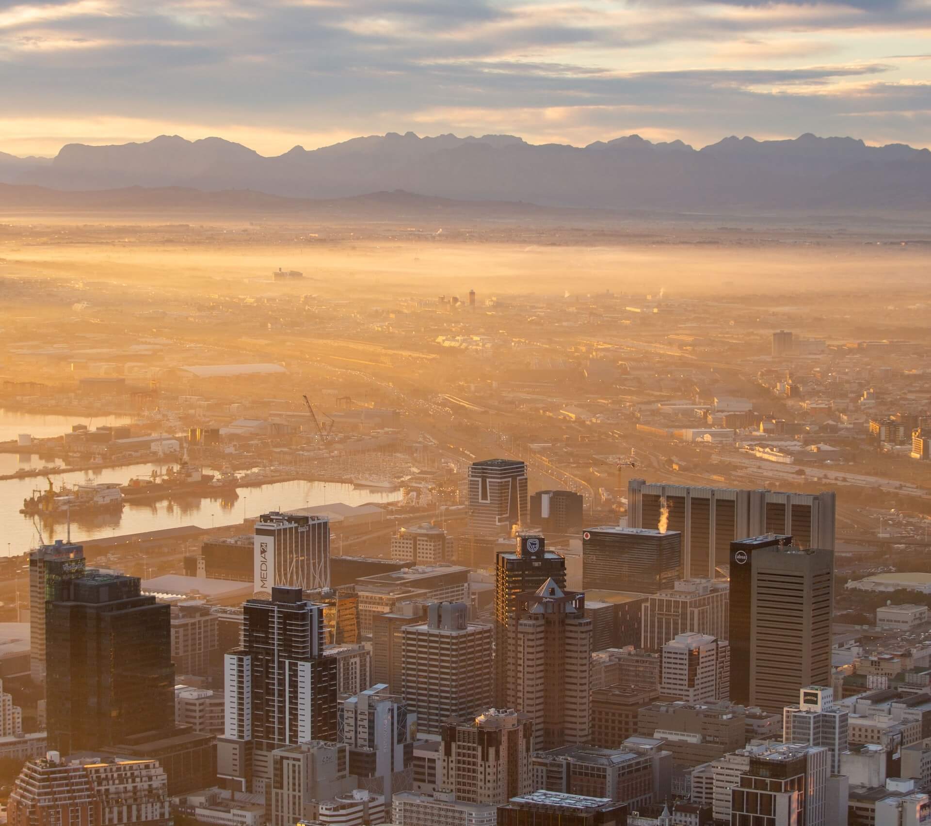 Sunset over downtown Cape Town with mist